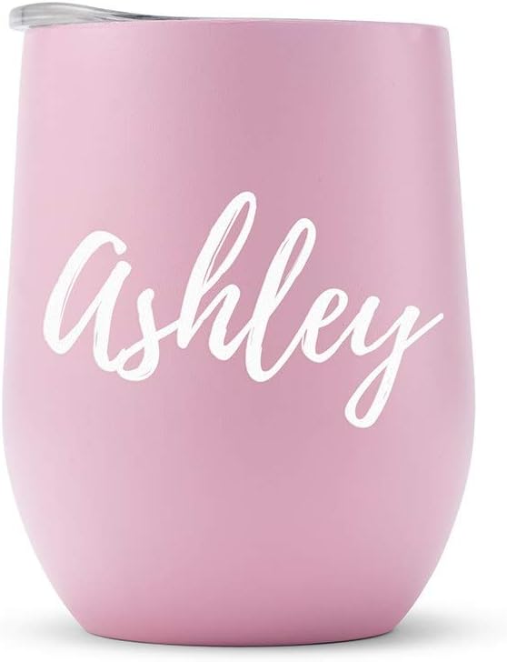 WEDDINGSTAR Personalized Stemless Travel Tumbler 12oz – Insulated Stainless Steel Wine Glass with Lid - Calligraphy - Pink