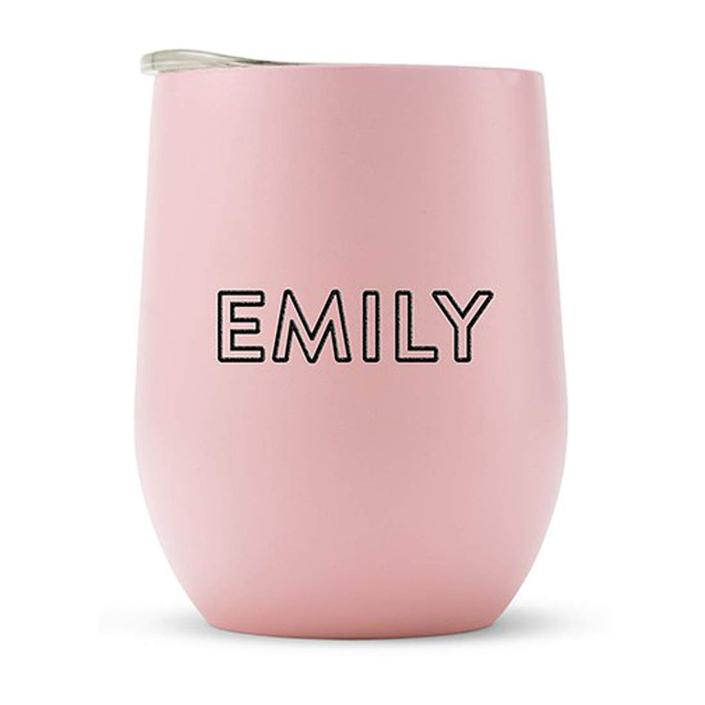 WEDDINGSTAR Personalized Stemless Travel Tumbler 12oz – Insulated Stainless Steel Wine Glass with Lid - Calligraphy - Pink