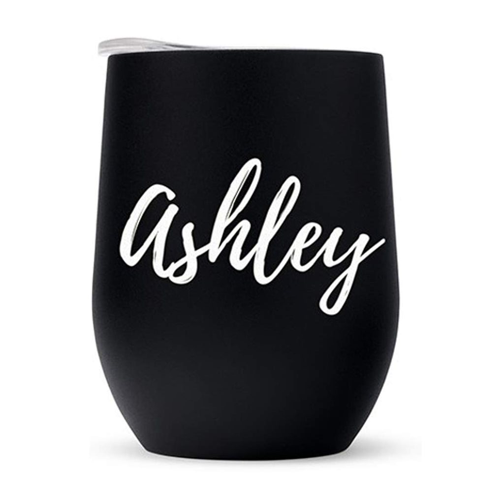 WEDDINGSTAR Personalized Stemless Travel Tumbler 12oz – Insulated Stainless Steel Wine Glass with Lid - Calligraphy - Pink