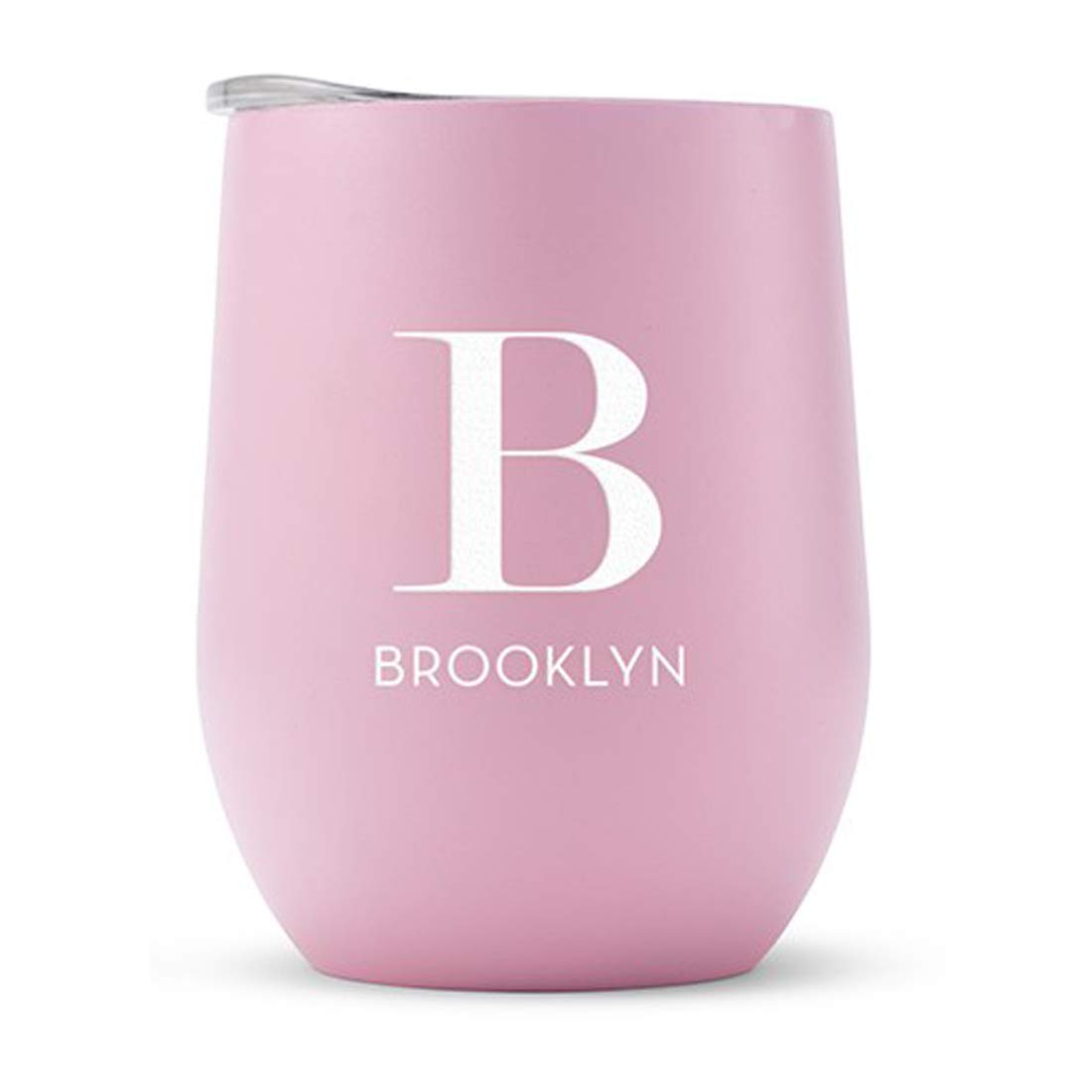 WEDDINGSTAR Personalized Stemless Travel Tumbler 12oz – Insulated Stainless Steel Wine Glass with Lid - Calligraphy - Pink
