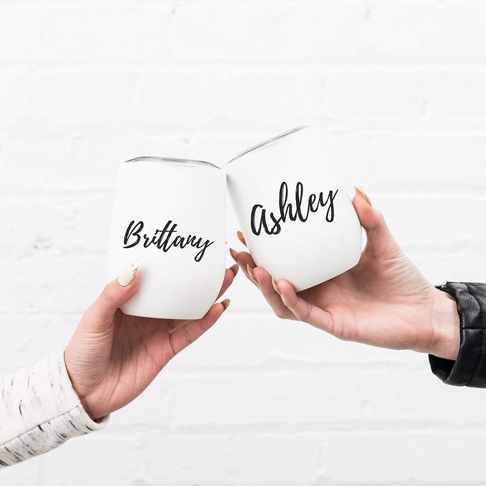 WEDDINGSTAR Personalized Stemless Travel Tumbler 12oz – Insulated Stainless Steel Wine Glass with Lid - Calligraphy - Pink