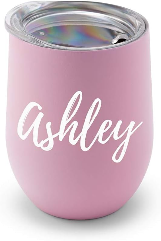 WEDDINGSTAR Personalized Stemless Travel Tumbler 12oz – Insulated Stainless Steel Wine Glass with Lid - Calligraphy - Pink