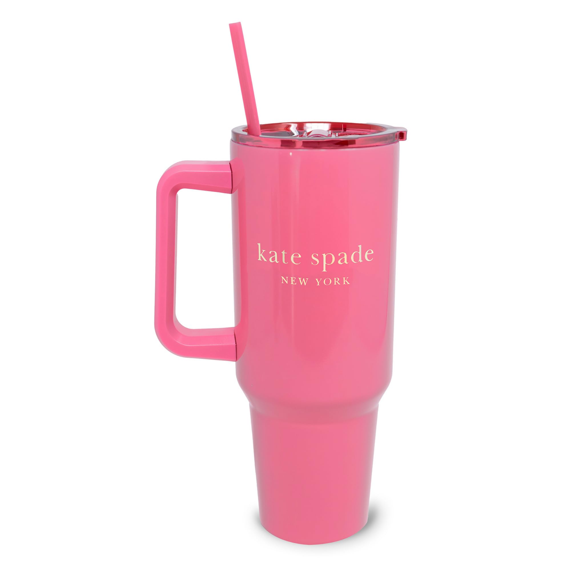 kate spade new york 40 Ounce Tumbler with Handle and Straw, Double Wall Stainless Steel Insulated Tumbler, Cupholder Friendly, Picture Dot