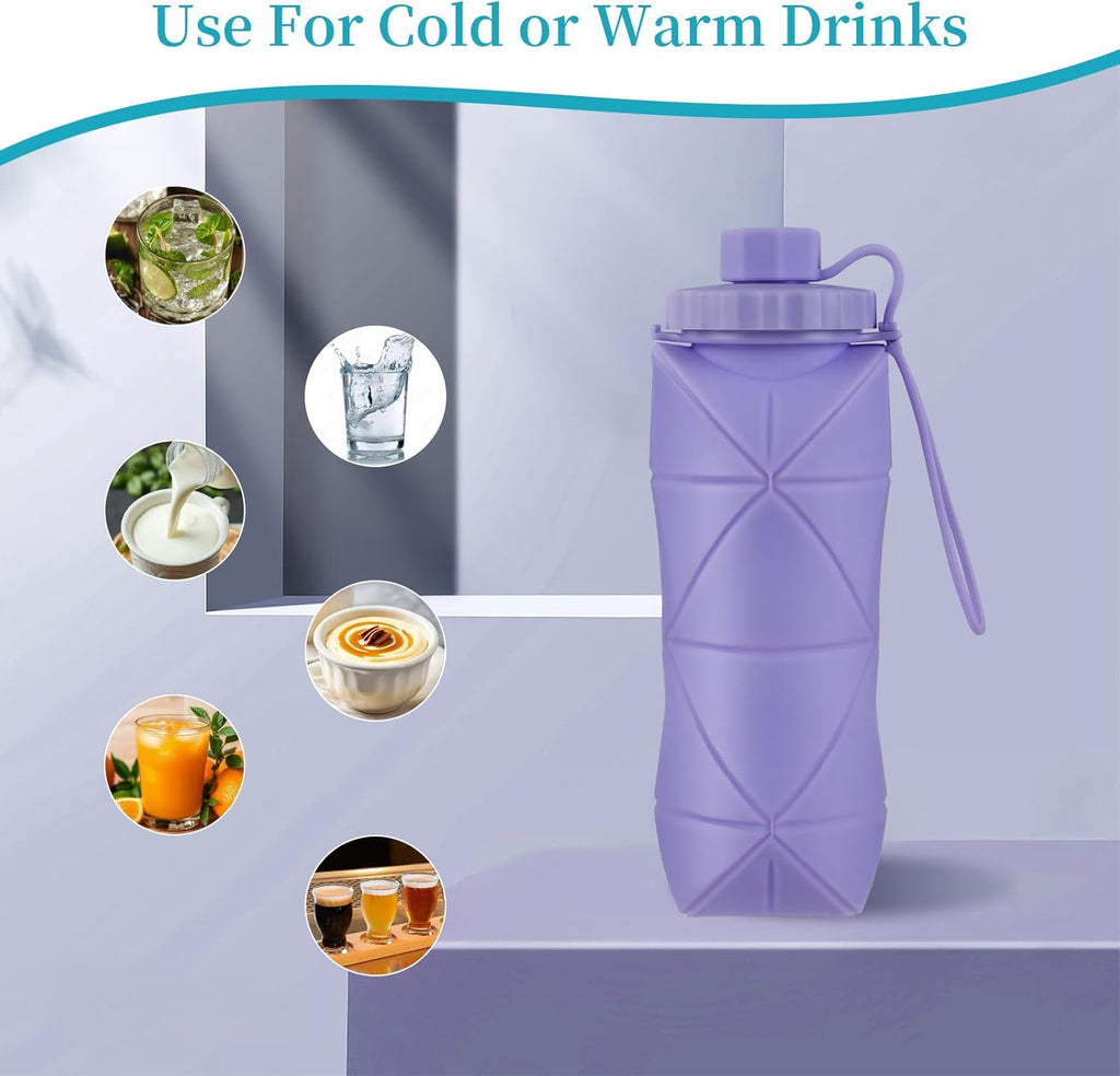 Silicone Collapsible Water Bottles,Lightweight Reusable Leakproof For Traveling Camping Hiking Cycling Sports Outdoor,Foldable Portable Travel Water Bottle 600ML Dark Grey And Purple 2Pack.