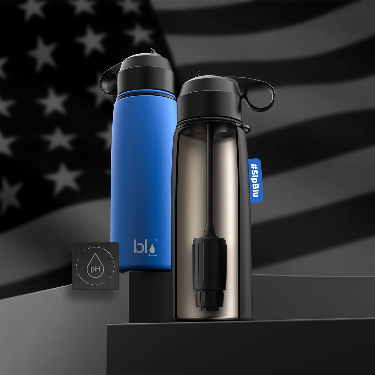 BLU ALL-IN-ONE | Vacuum Insulated Stainless Steel Water Bottle Flask With a pH Filter (26oz) | Made in the USA | Alkaline Water Filter Bottle | Removes 99.99% contaminants (pH - Blue)