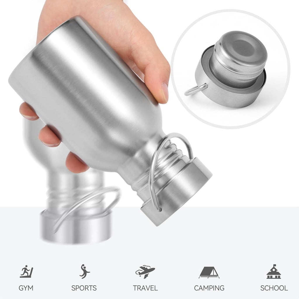 Volhoply 12oz Uninsulated Single Walled Water Bottle, Stainless Steel Reusable Water Bottles with Handle, BPA Free & Plastic Free 18/8 304 Metal Water Bottles for Camping, Hikers, Cyclists