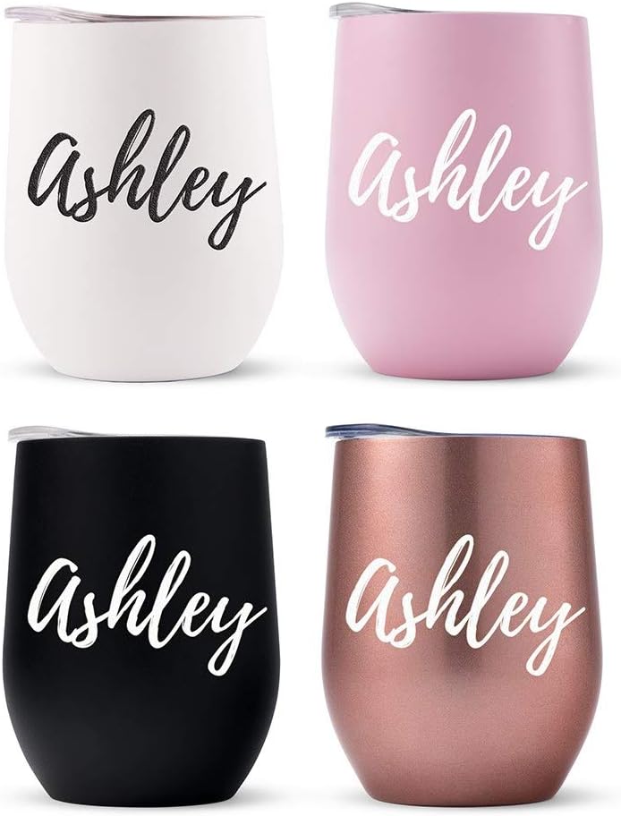 WEDDINGSTAR Personalized Stemless Travel Tumbler 12oz – Insulated Stainless Steel Wine Glass with Lid - Calligraphy - Pink