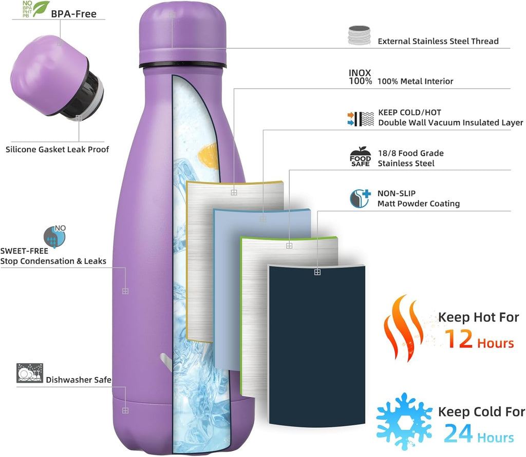 Insulated Water Bottles,12 oz Double Wall Stainless Steel Vacumm Metal Flask for Sports Travel,Lavender