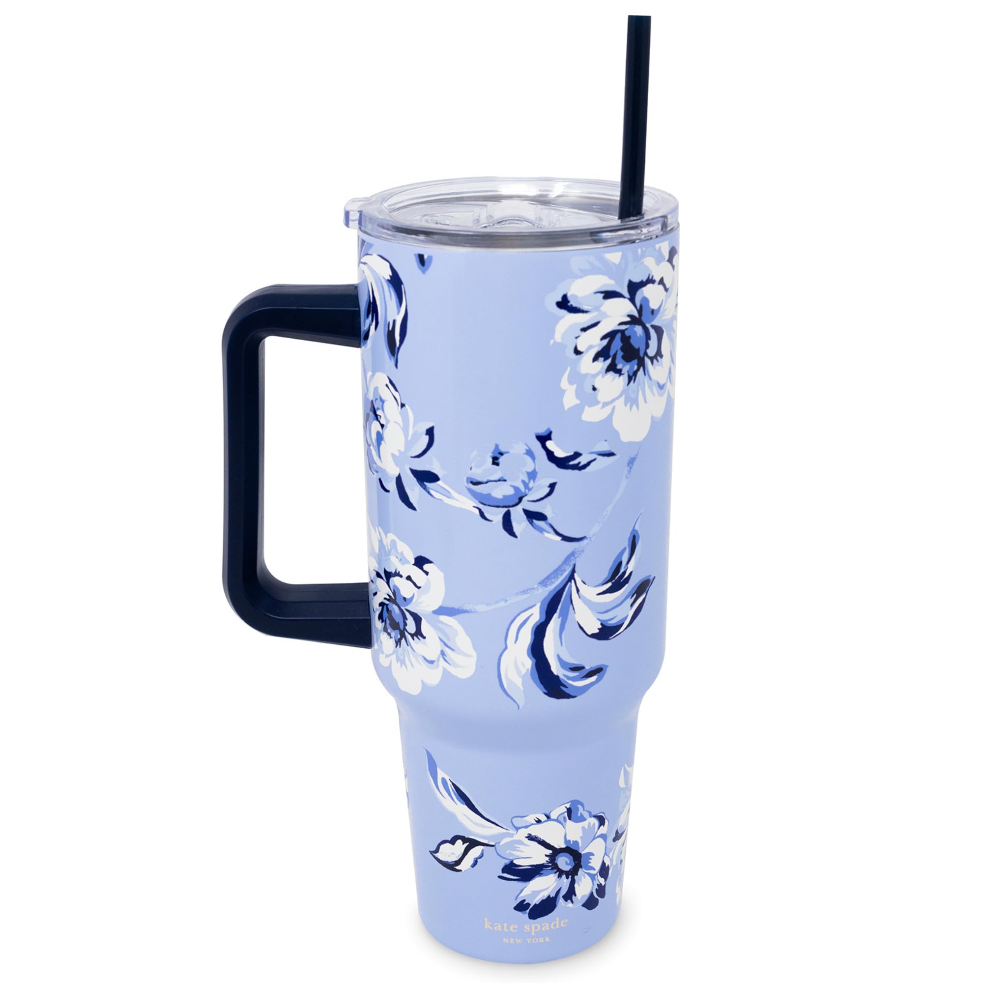 kate spade new york 40 Ounce Tumbler with Handle and Straw, Double Wall Stainless Steel Insulated Tumbler, Cupholder Friendly, Picture Dot
