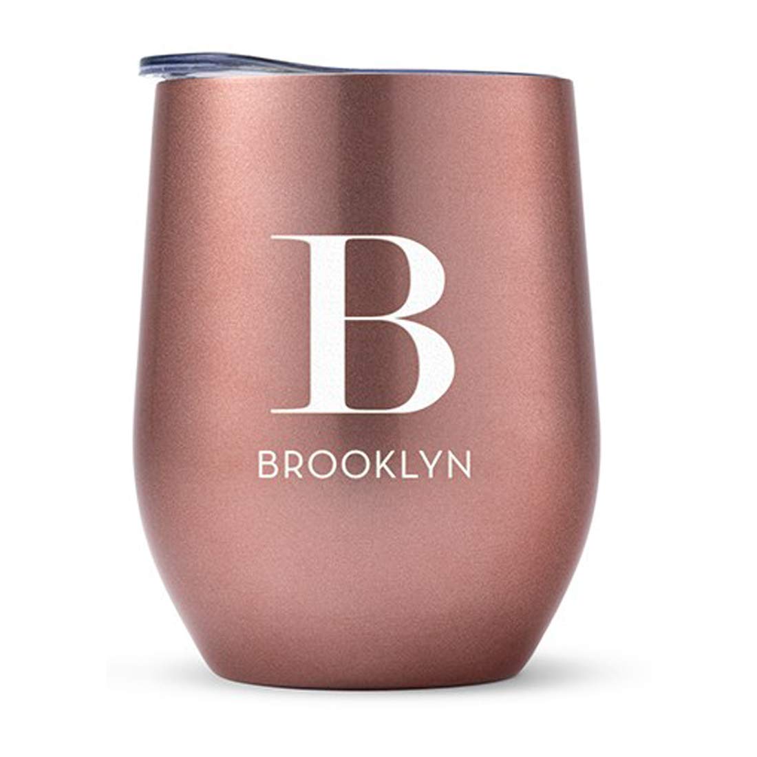 WEDDINGSTAR Personalized Stemless Travel Tumbler 12oz – Insulated Stainless Steel Wine Glass with Lid - Calligraphy - Pink