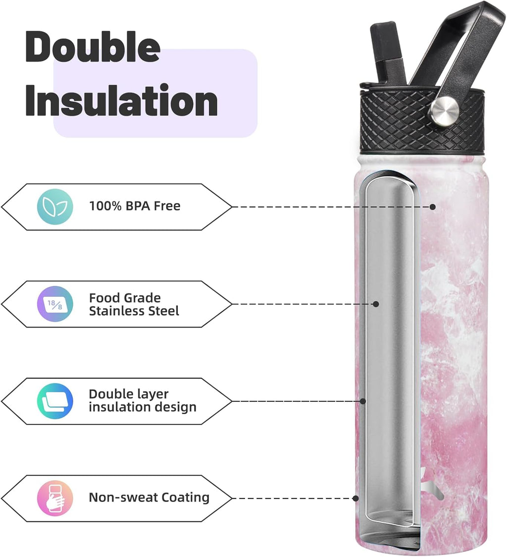 22oz Stainless Steel Bottles with 3 Lids Sport Insulated Water Bottle,Marble Blossom