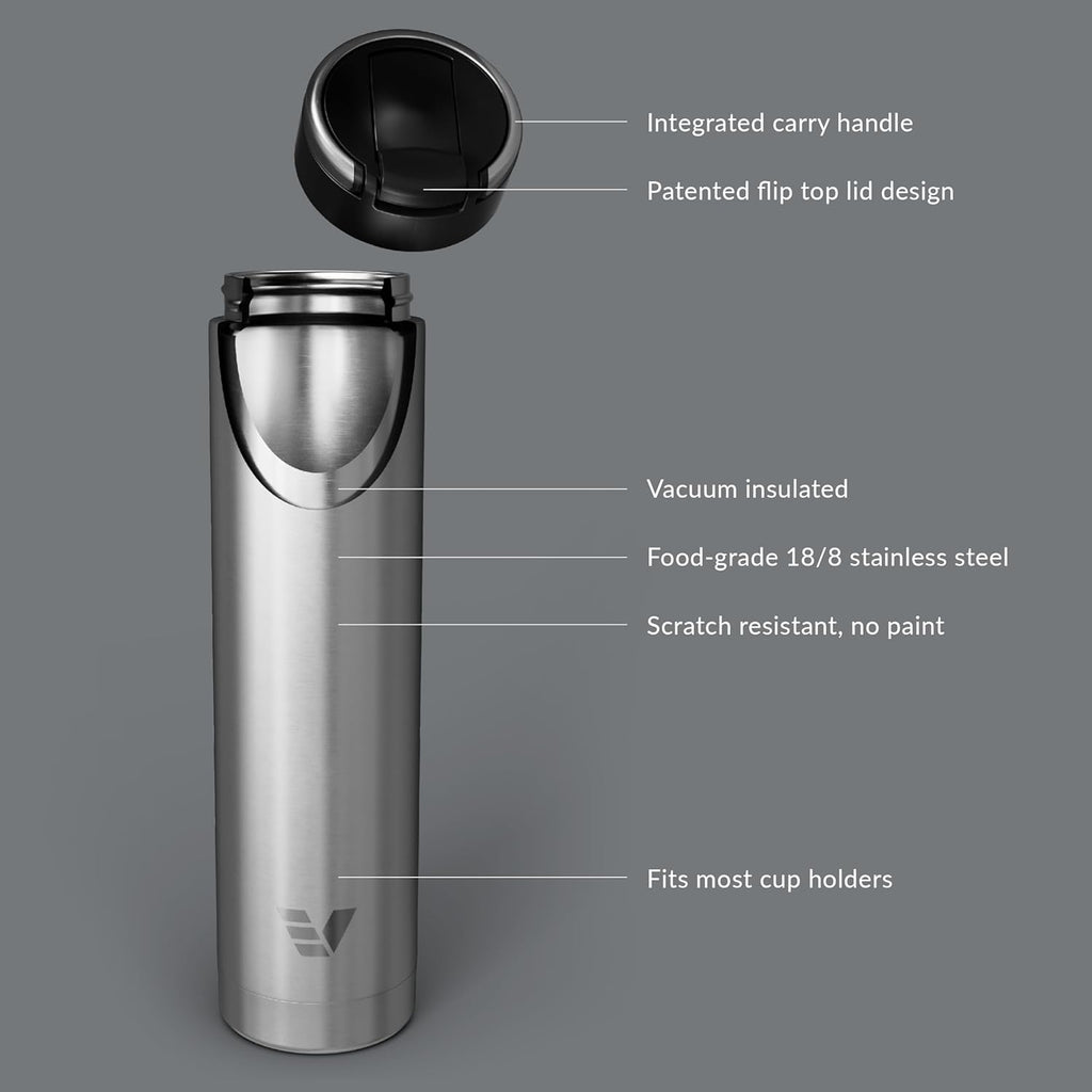 Super Maxi Stainless Steel Water Bottle 36oz - Double wall vacuum insulated | Integrated carry handle | leak proof flip top lid | Lightweight & stylish - Stainless