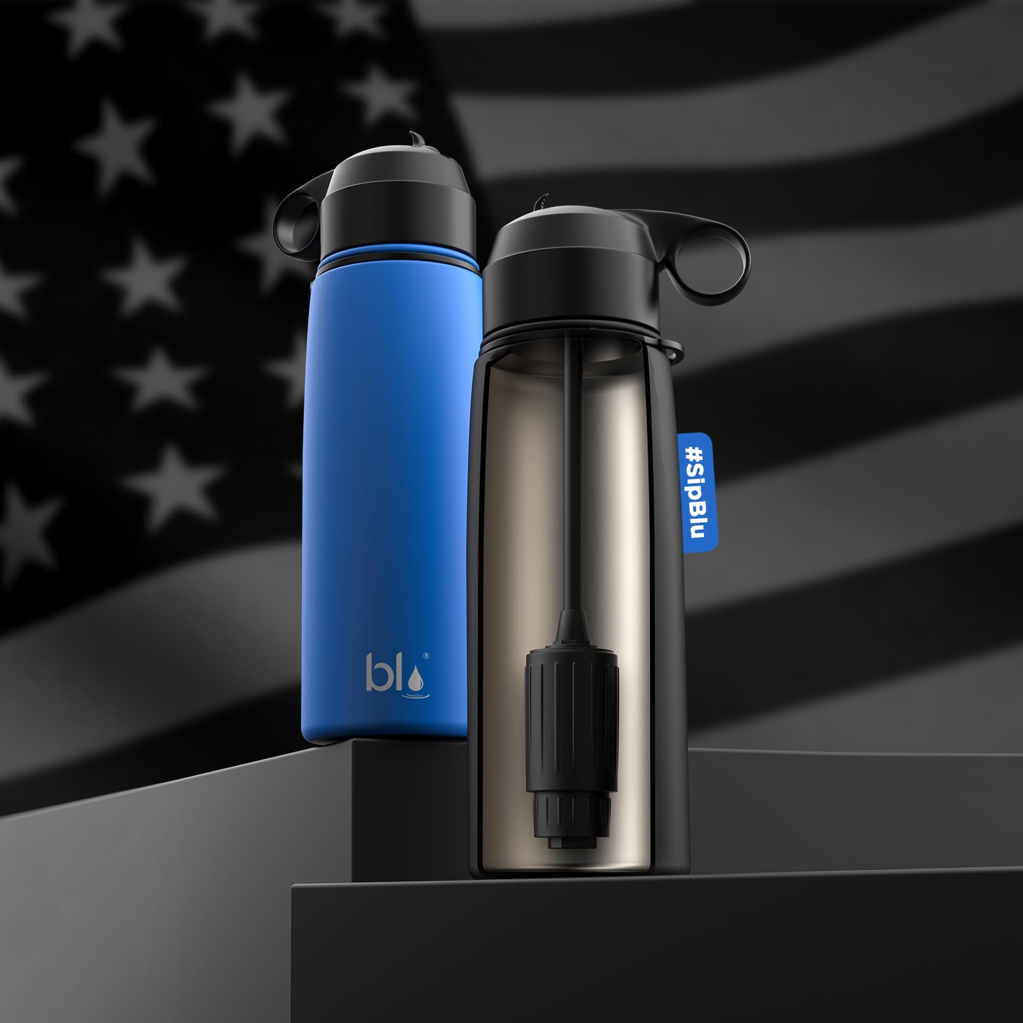 BLU ALL-IN-ONE | Vacuum Insulated Stainless Steel Water Bottle Flask With a pH Filter (26oz) | Made in the USA | Alkaline Water Filter Bottle | Removes 99.99% contaminants (pH - Blue)