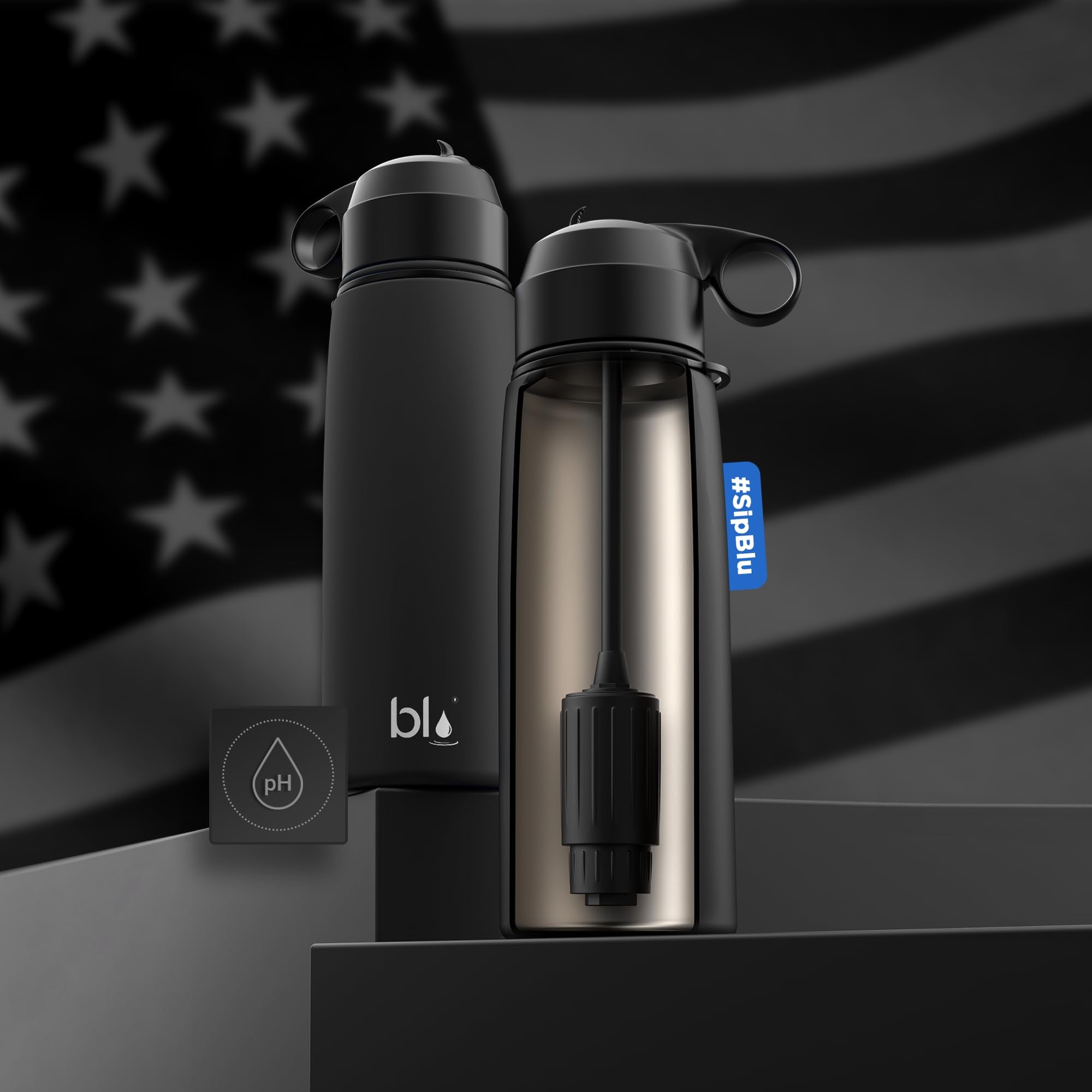 BLU ALL-IN-ONE | Vacuum Insulated Stainless Steel Water Bottle Flask With a pH Filter (26oz) | Made in the USA | Alkaline Water Filter Bottle | Removes 99.99% contaminants (pH - Blue)