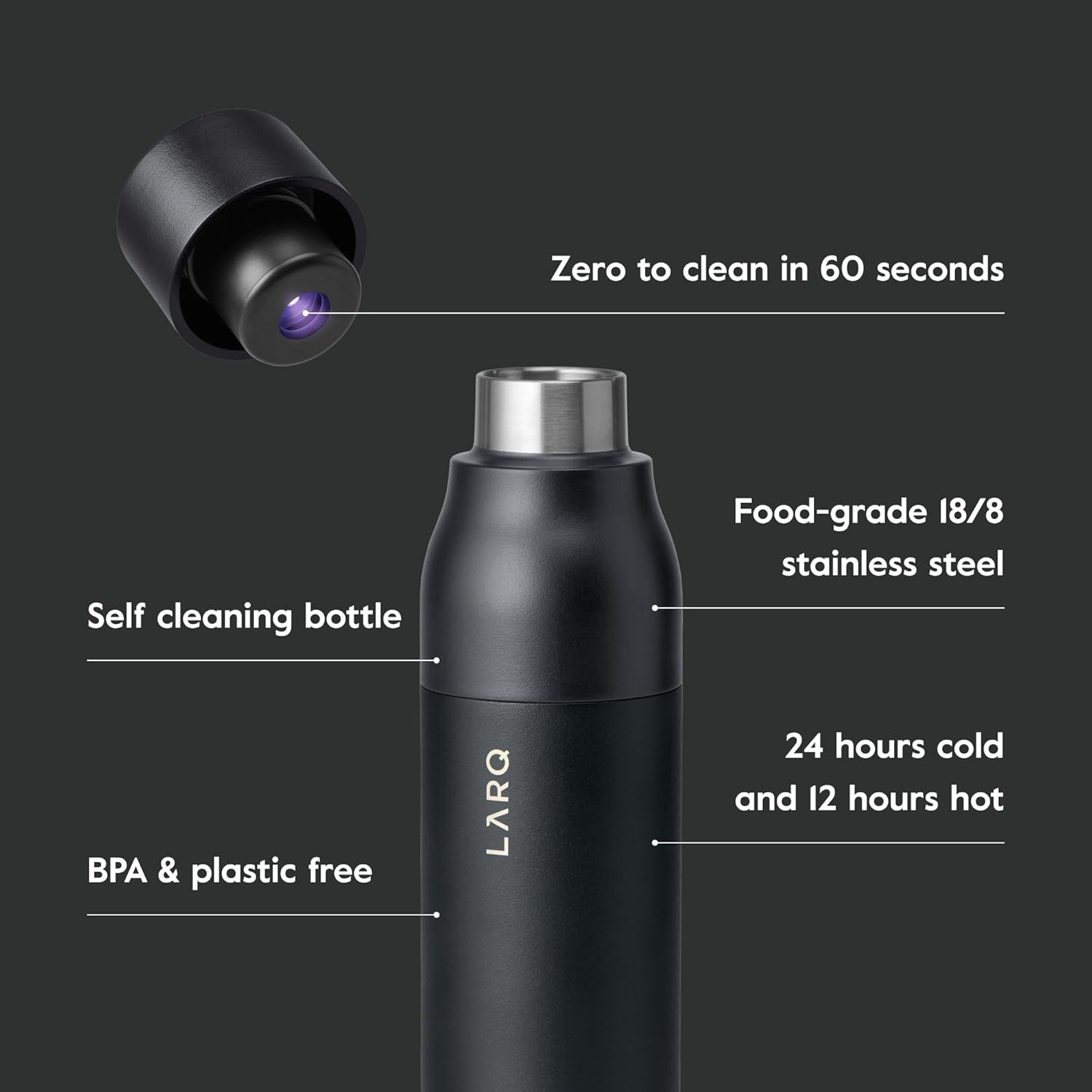 LARQ Bottle PureVis 17 oz - Self-Cleaning and Insulated Stainless Steel Water Bottle with UV Water Purifier and Award-winning Design | Reusable & Travel Friendly, Obsidian Black