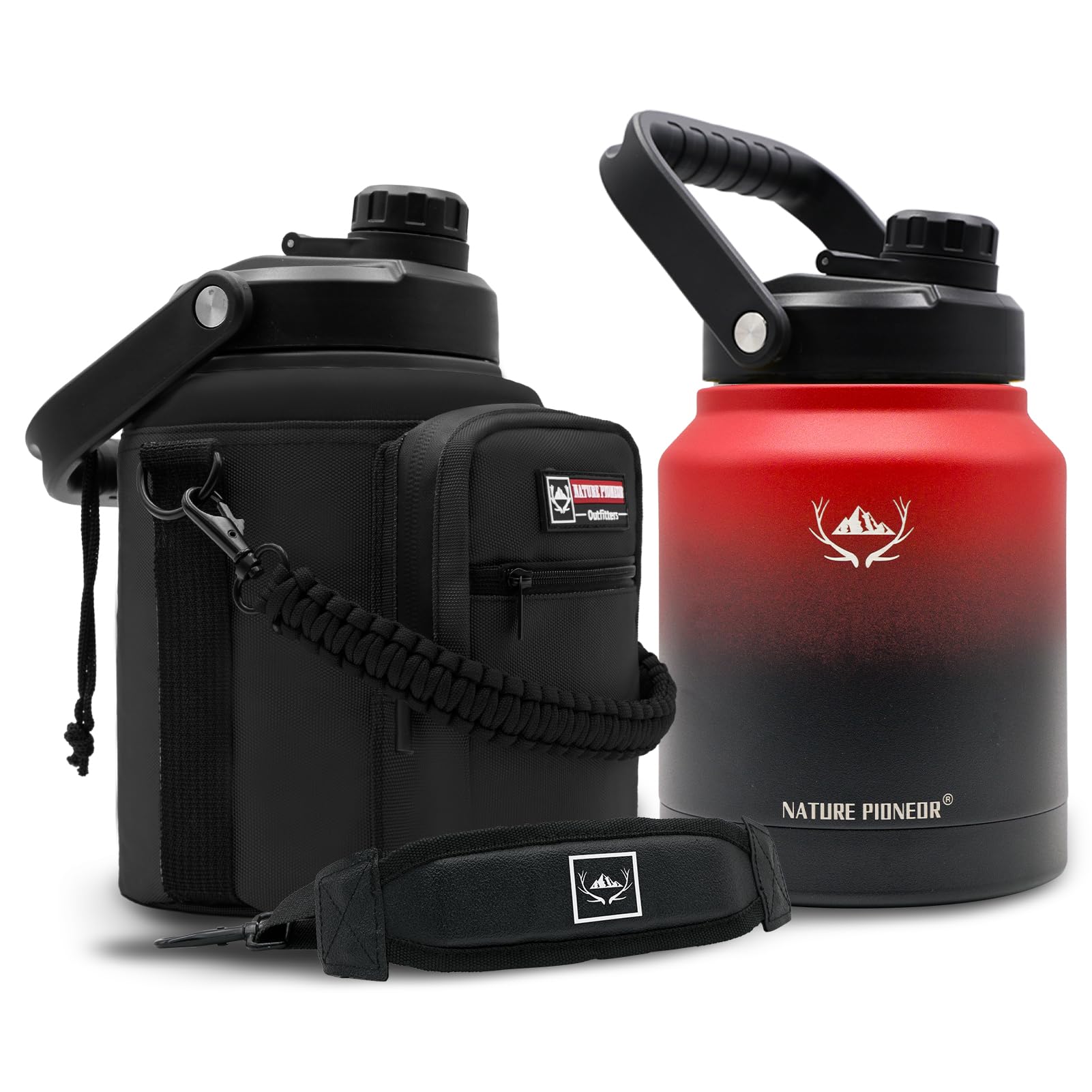 NATURE PIONEOR One Gallon Water Bottle Insulated - Large Double Vacuum Stainless Steel 128 oz Water Bottle with Holder/Carrier, 1 Gallon Water Jug,128oz, Wide Mouth