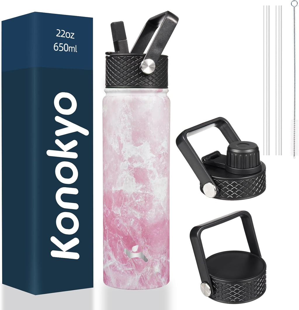 22oz Stainless Steel Bottles with 3 Lids Sport Insulated Water Bottle,Marble Blossom