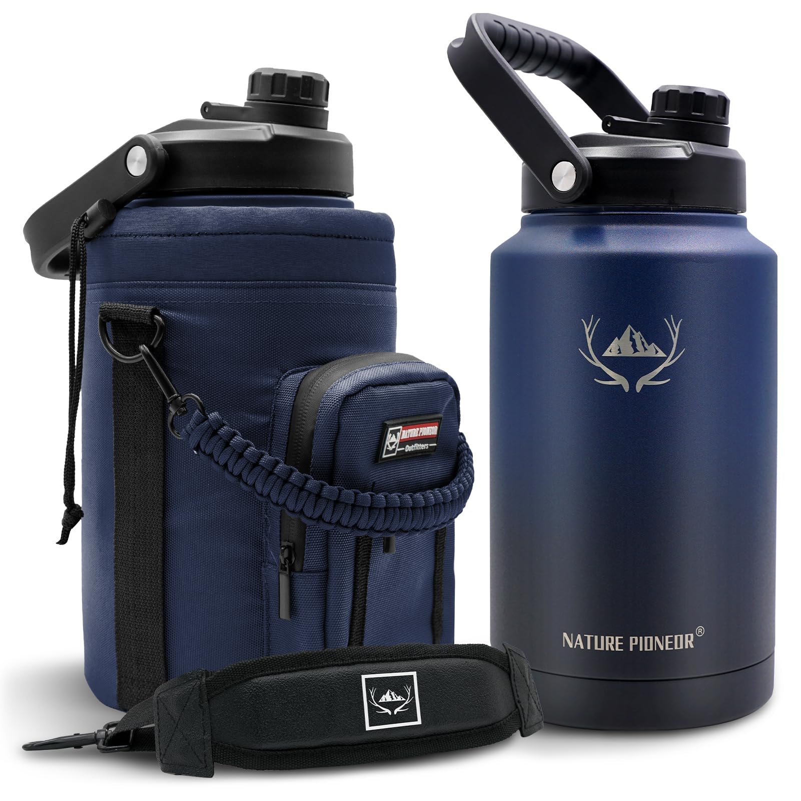 NATURE PIONEOR One Gallon Water Bottle Insulated - Large Double Vacuum Stainless Steel 128 oz Water Bottle with Holder/Carrier, 1 Gallon Water Jug,128oz, Wide Mouth