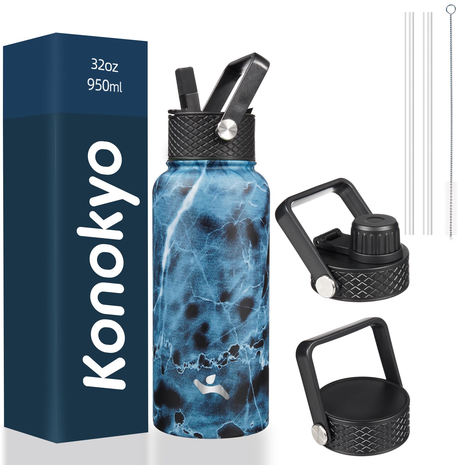 22oz Stainless Steel Bottles with 3 Lids Sport Insulated Water Bottle,Marble Blossom