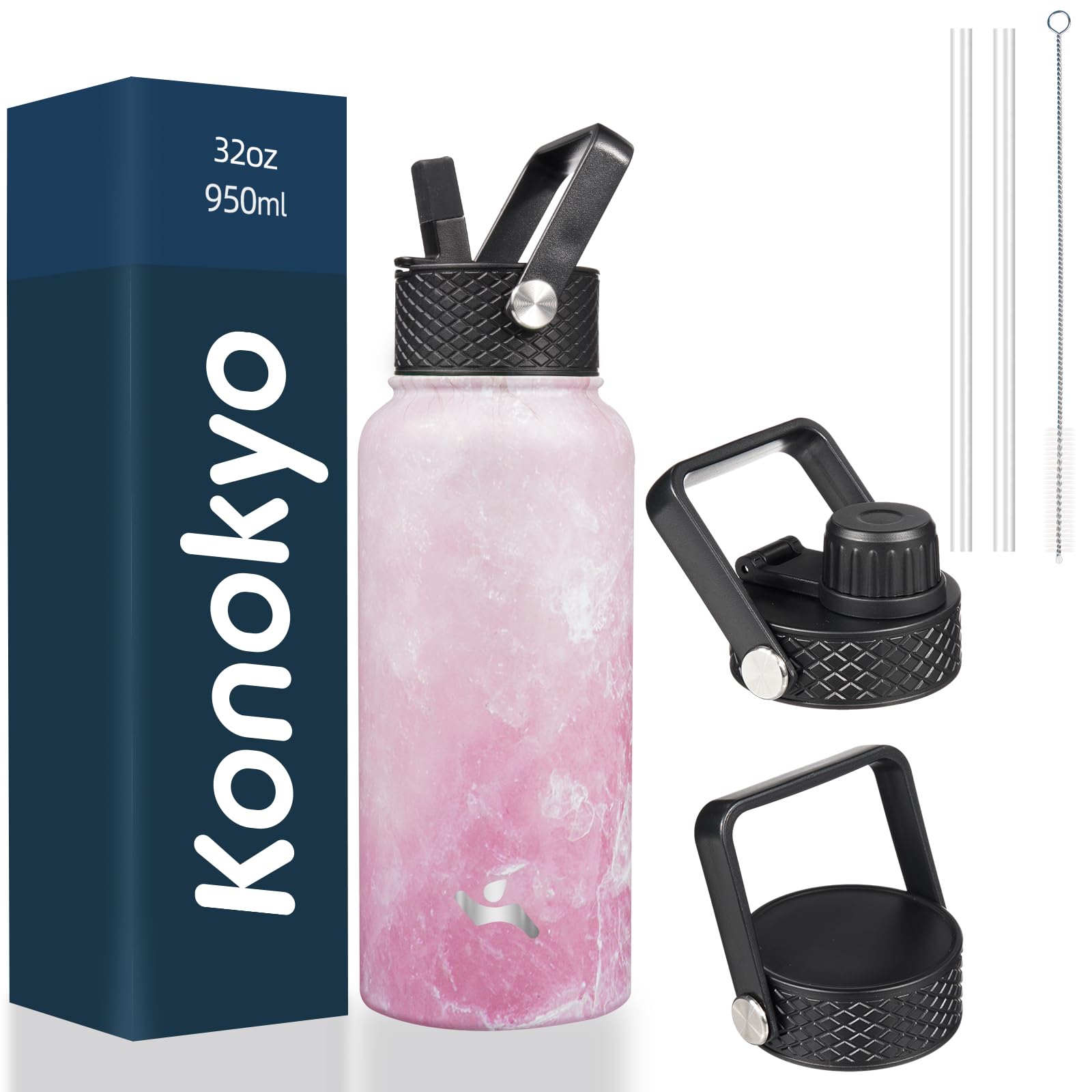 22oz Stainless Steel Bottles with 3 Lids Sport Insulated Water Bottle,Marble Blossom