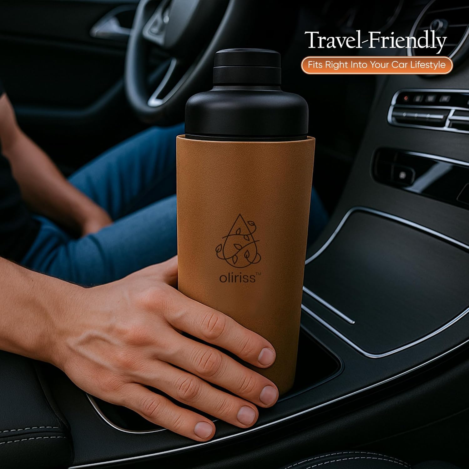 18oz leather stainless steel water bottle (brown)