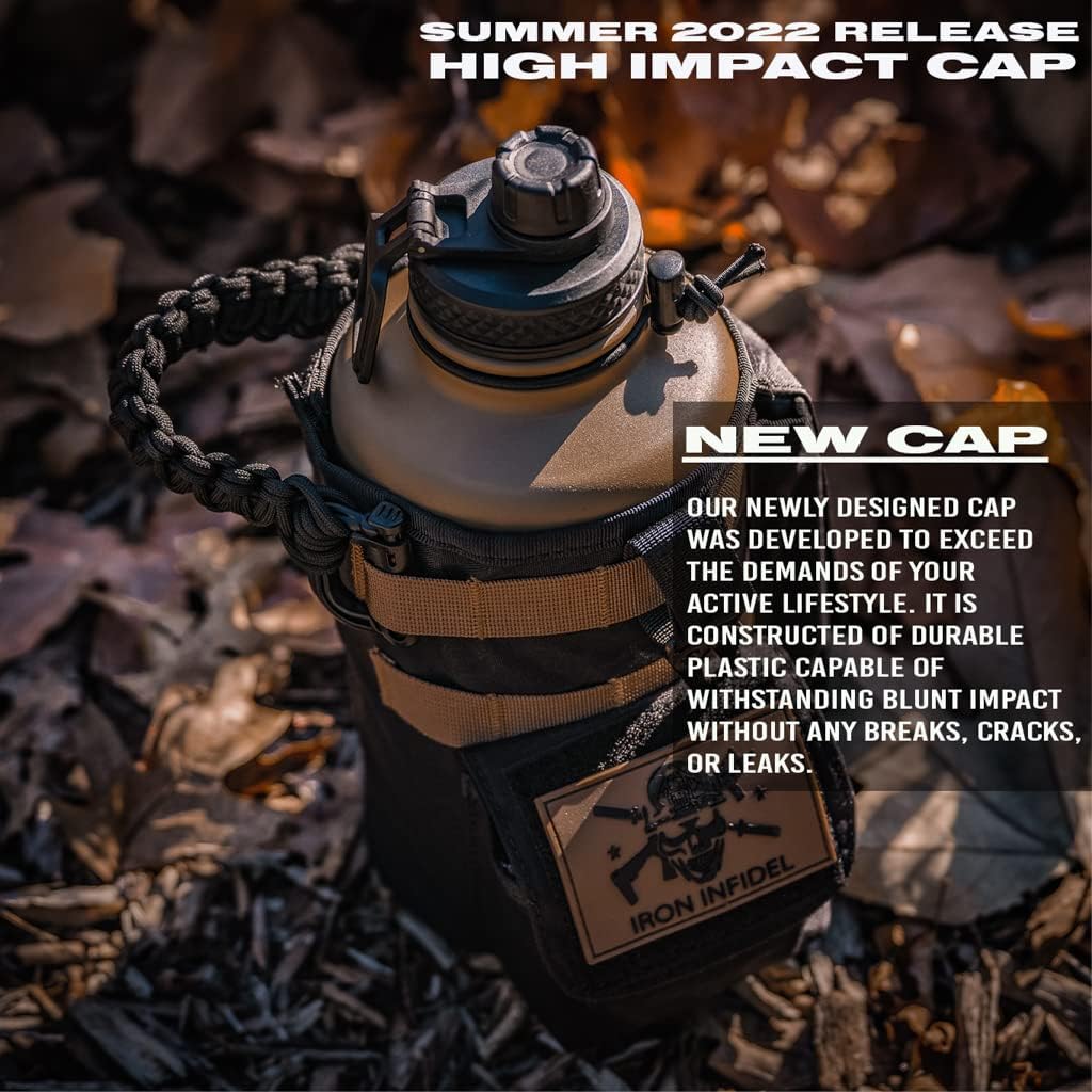 Iron Infidel Battle Bottle - Half Gallon Insulated Water Bottle with Paracord Handle, Large 64 oz Stainless Steel Water Jug with Rugged, Removable Sleeve for Keys, Wallet & Phone (Brown Recluse 2L)