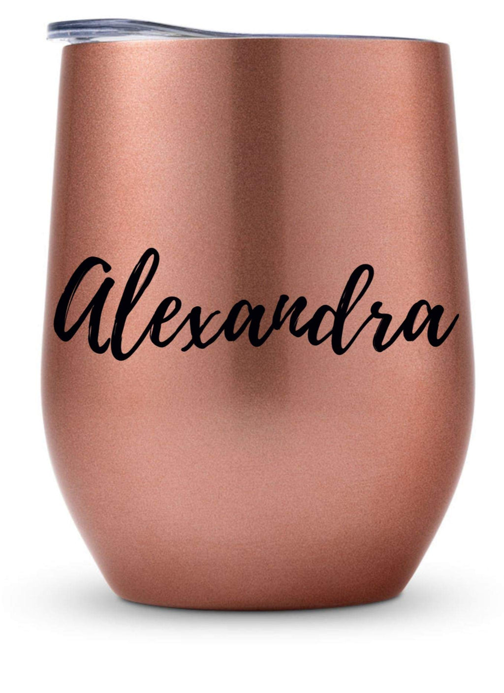 WEDDINGSTAR Personalized Stemless Travel Tumbler 12oz – Insulated Stainless Steel Wine Glass with Lid - Calligraphy - Pink