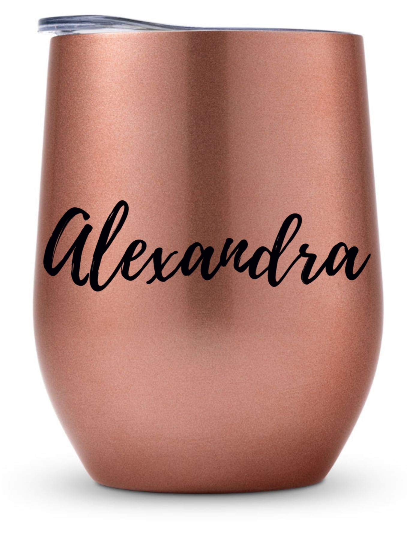 WEDDINGSTAR Personalized Stemless Travel Tumbler 12oz – Insulated Stainless Steel Wine Glass with Lid - Calligraphy - Pink
