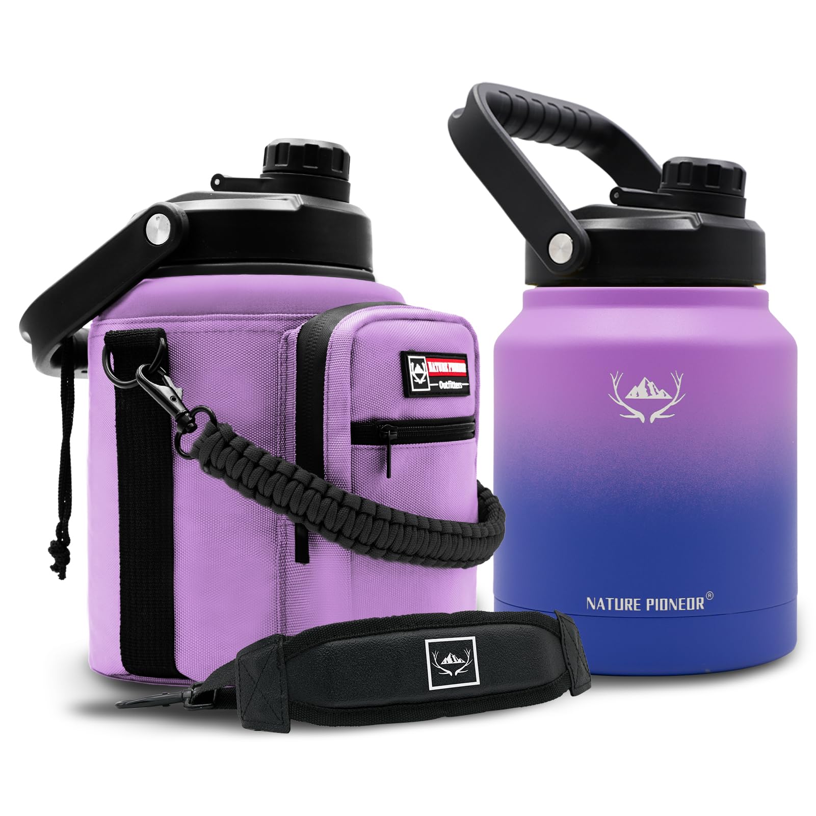 NATURE PIONEOR One Gallon Water Bottle Insulated - Large Double Vacuum Stainless Steel 128 oz Water Bottle with Holder/Carrier, 1 Gallon Water Jug,128oz, Wide Mouth