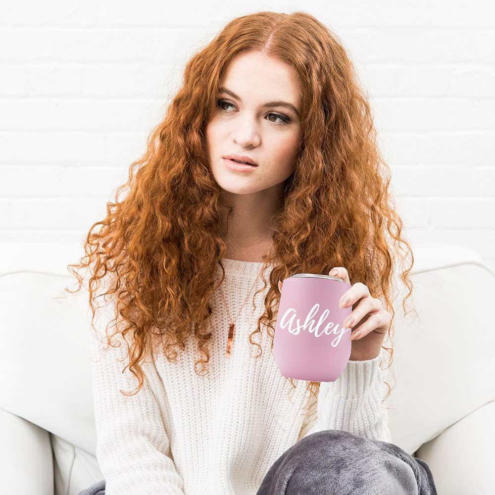 WEDDINGSTAR Personalized Stemless Travel Tumbler 12oz – Insulated Stainless Steel Wine Glass with Lid - Calligraphy - Pink