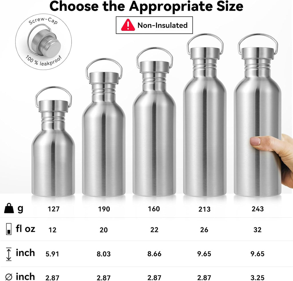 Volhoply 12oz Uninsulated Single Walled Water Bottle, Stainless Steel Reusable Water Bottles with Handle, BPA Free & Plastic Free 18/8 304 Metal Water Bottles for Camping, Hikers, Cyclists