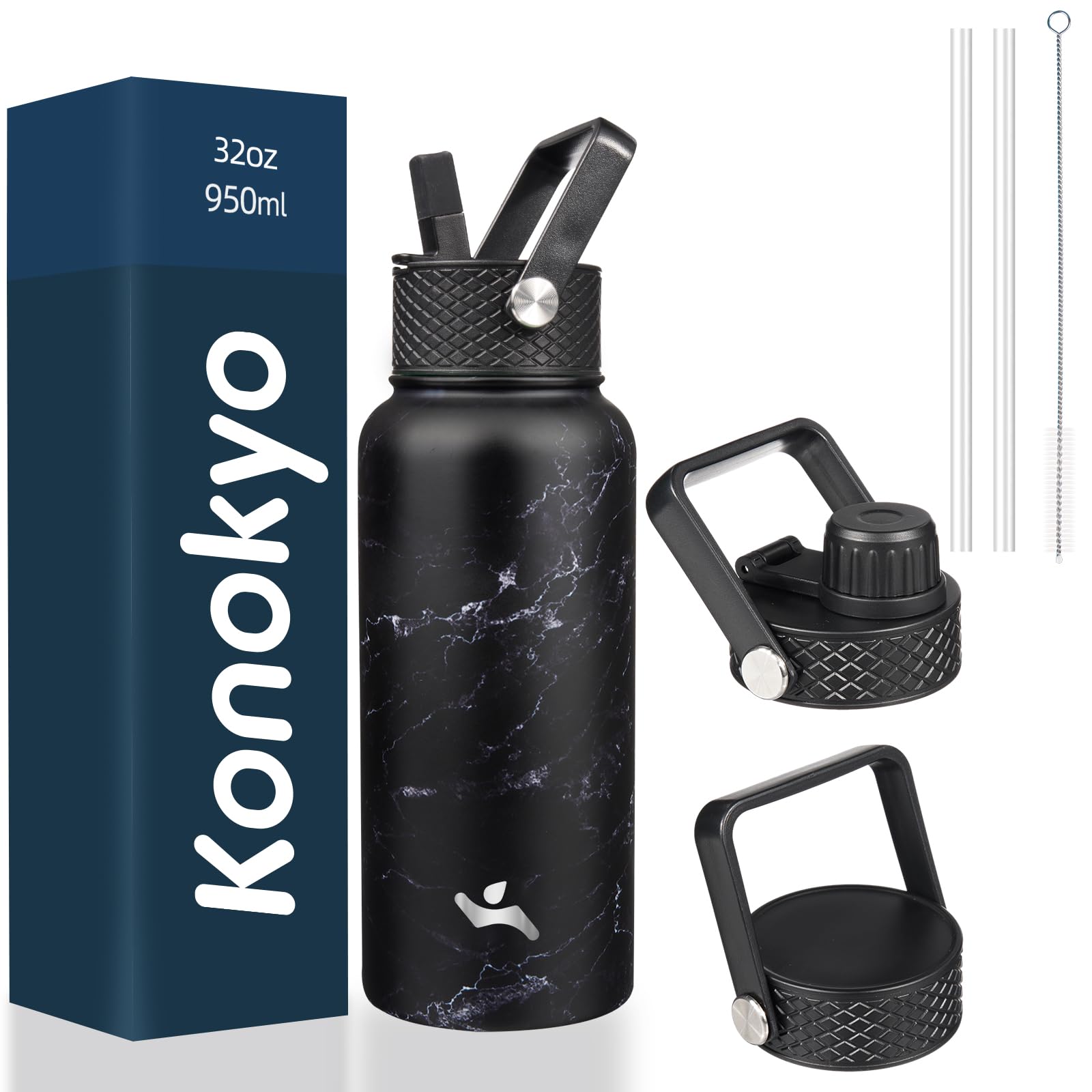 22oz Stainless Steel Bottles with 3 Lids Sport Insulated Water Bottle,Marble Blossom