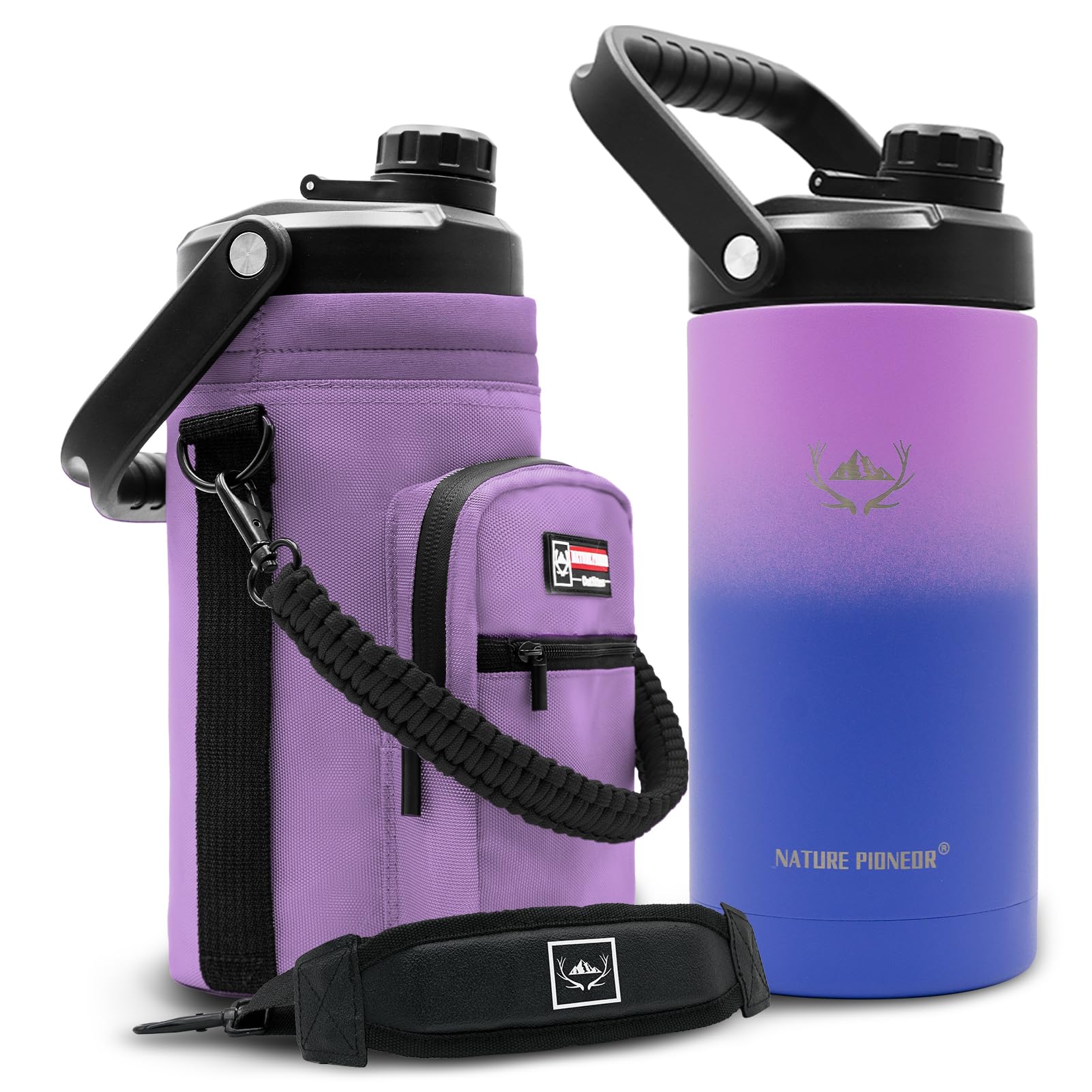 NATURE PIONEOR One Gallon Water Bottle Insulated - Large Double Vacuum Stainless Steel 128 oz Water Bottle with Holder/Carrier, 1 Gallon Water Jug,128oz, Wide Mouth