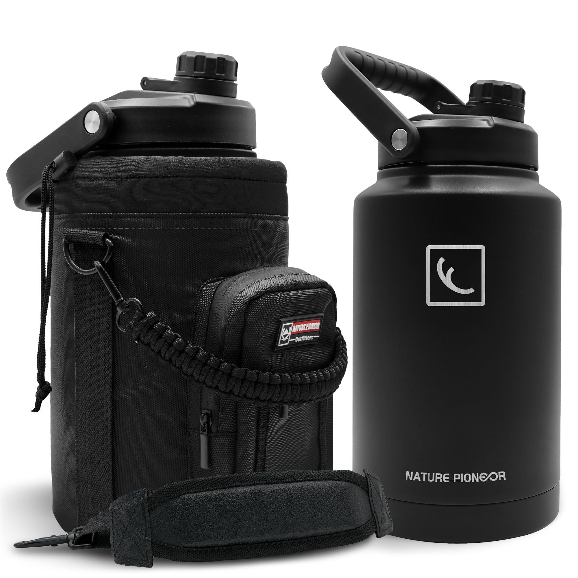NATURE PIONEOR One Gallon Water Bottle Insulated - Large Double Vacuum Stainless Steel 128 oz Water Bottle with Holder/Carrier, 1 Gallon Water Jug,128oz, Wide Mouth