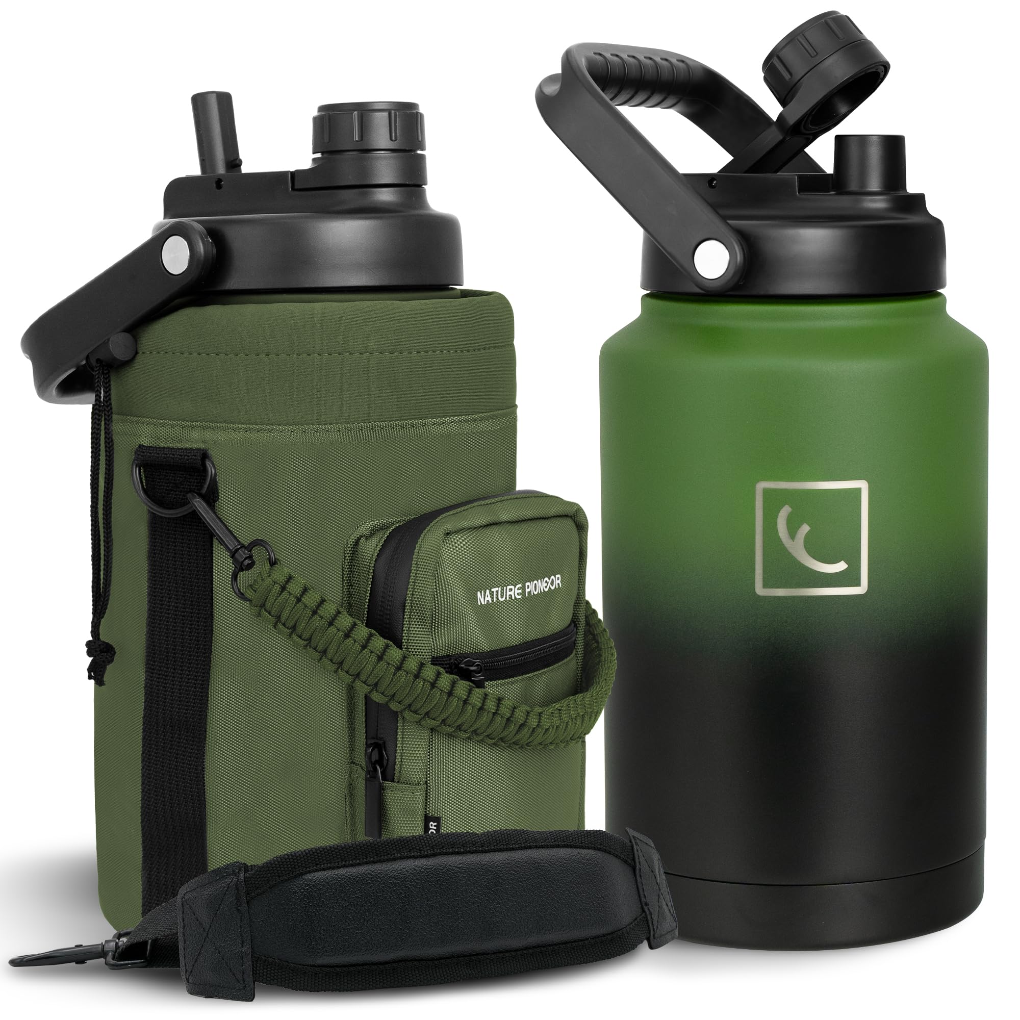 NATURE PIONEOR One Gallon Water Bottle Insulated - Large Double Vacuum Stainless Steel 128 oz Water Bottle with Holder/Carrier, 1 Gallon Water Jug,128oz, Wide Mouth