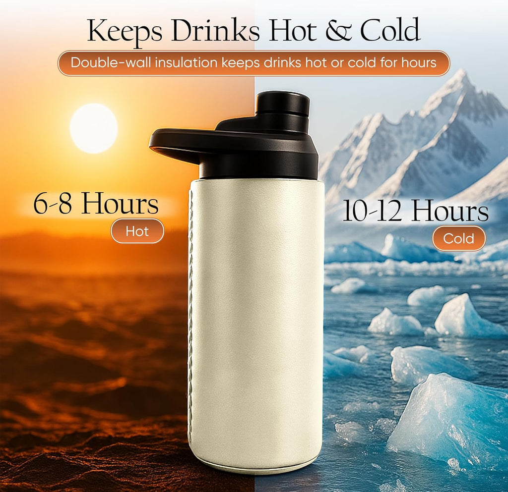 Reusable Water Bottle Leather Flask – 18Oz Stainless Steel Bottle with Genuine Handmade Leather Pouch – Double Wall Insulated Design with Wide Mouth – Leakproof Lid and Ergonomic Handle