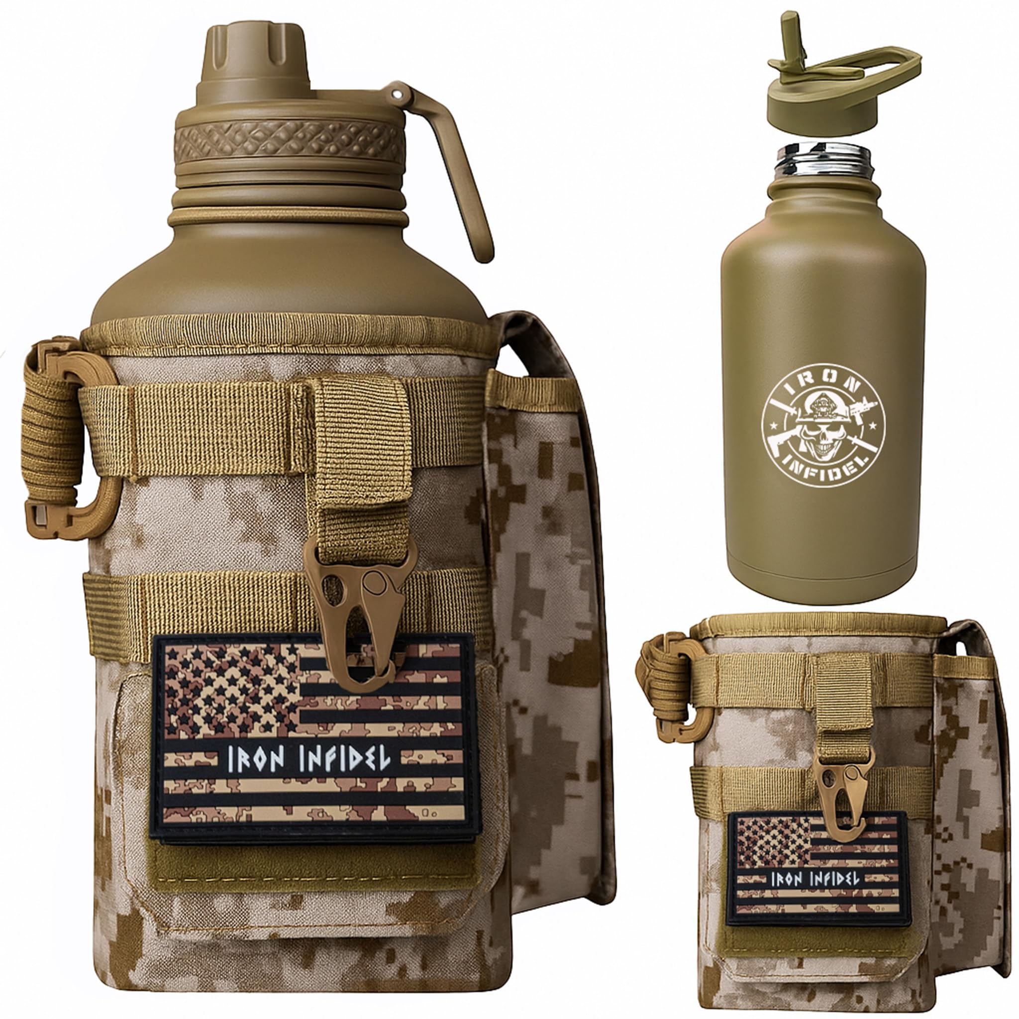 Iron Infidel Battle Bottle - Half Gallon Insulated Water Bottle with Paracord Handle, Large 64 oz Stainless Steel Water Jug with Rugged, Removable Sleeve for Keys, Wallet & Phone (Brown Recluse 2L)