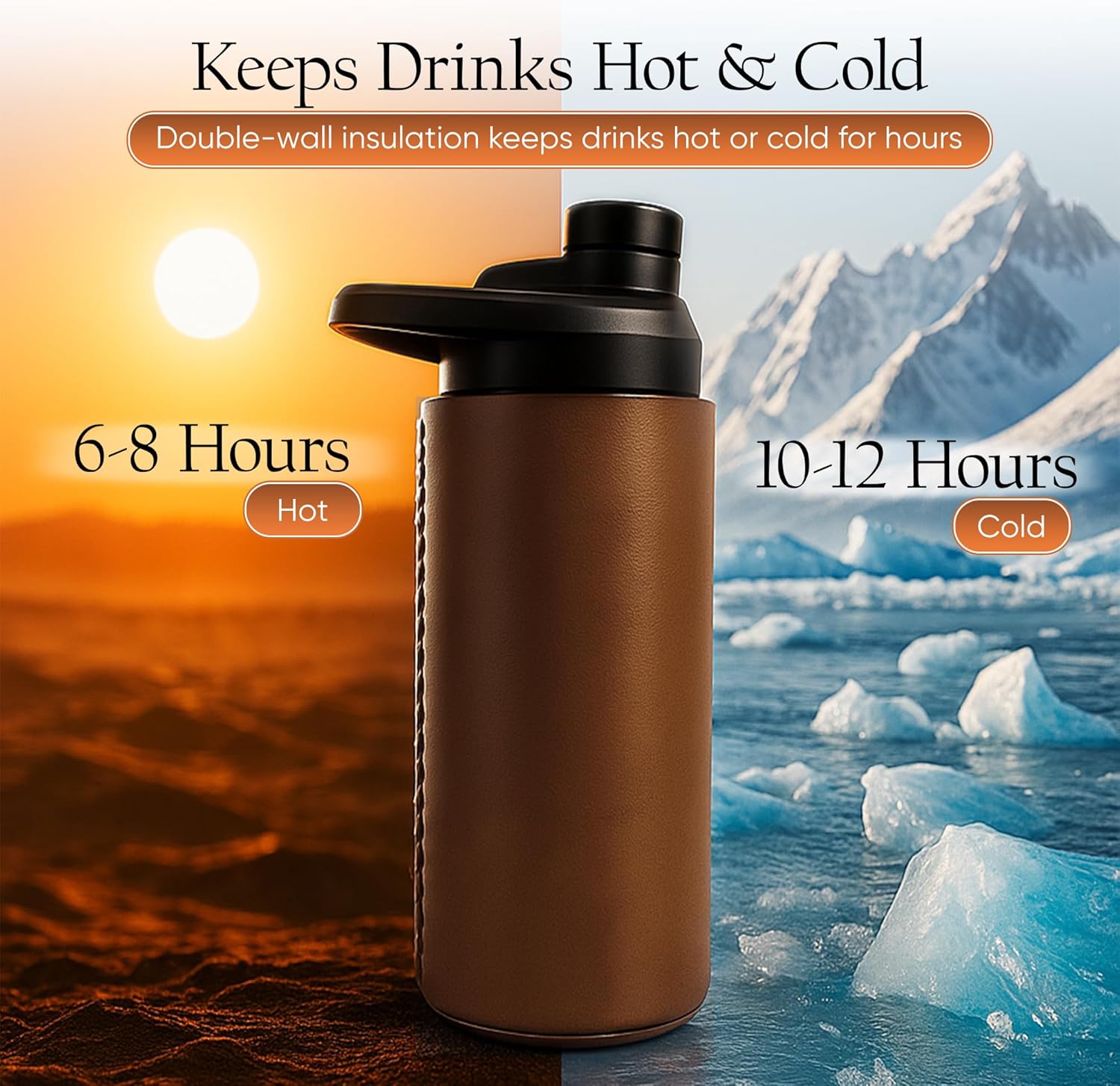 18oz leather stainless steel water bottle (brown)
