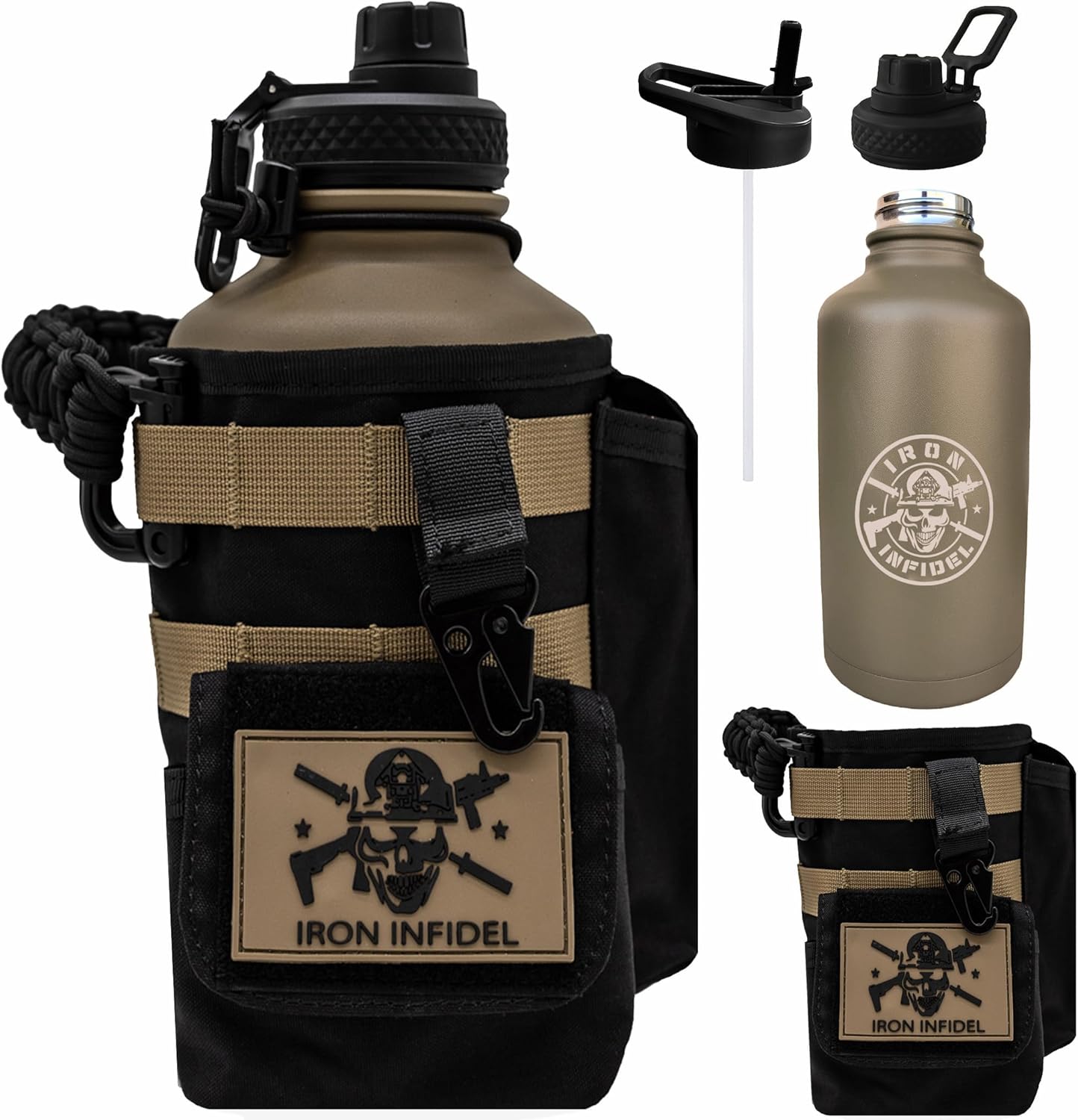 Iron Infidel Battle Bottle - Half Gallon Insulated Water Bottle with Paracord Handle, Large 64 oz Stainless Steel Water Jug with Rugged, Removable Sleeve for Keys, Wallet & Phone (Brown Recluse 2L)