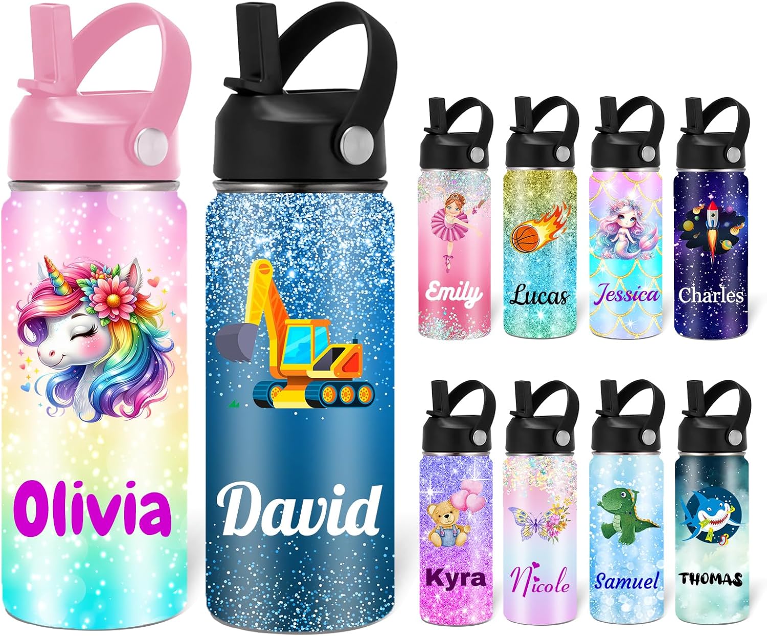 Custom Personalized Water Bottle for Kids Customized Water Bottles with Name Customizable Stainless Steel Insulated Cups 12/16/18/24/32/40 oz for School Girls Boys Toddler