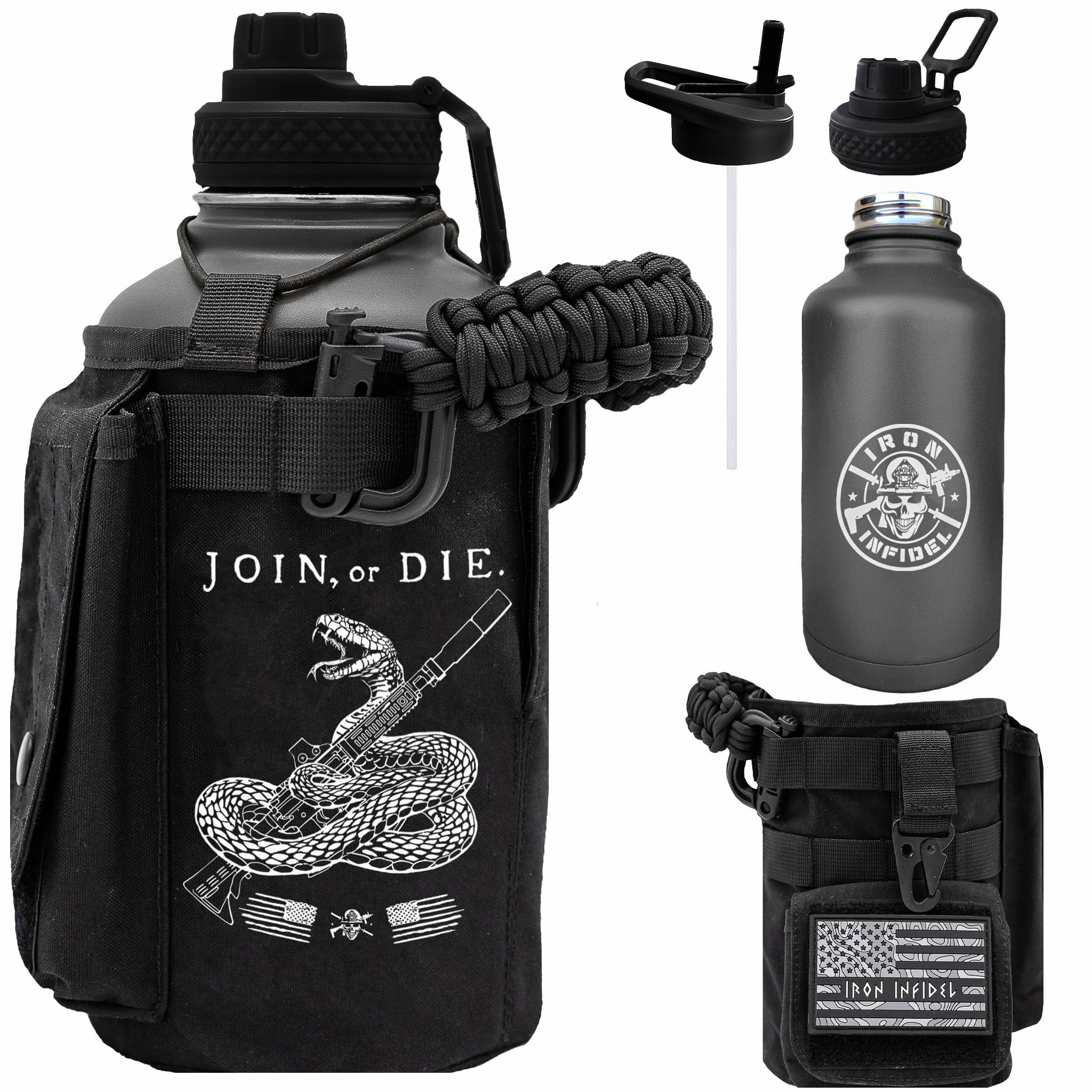 Iron Infidel Battle Bottle - Half Gallon Insulated Water Bottle with Paracord Handle, Large 64 oz Stainless Steel Water Jug with Rugged, Removable Sleeve for Keys, Wallet & Phone (Brown Recluse 2L)