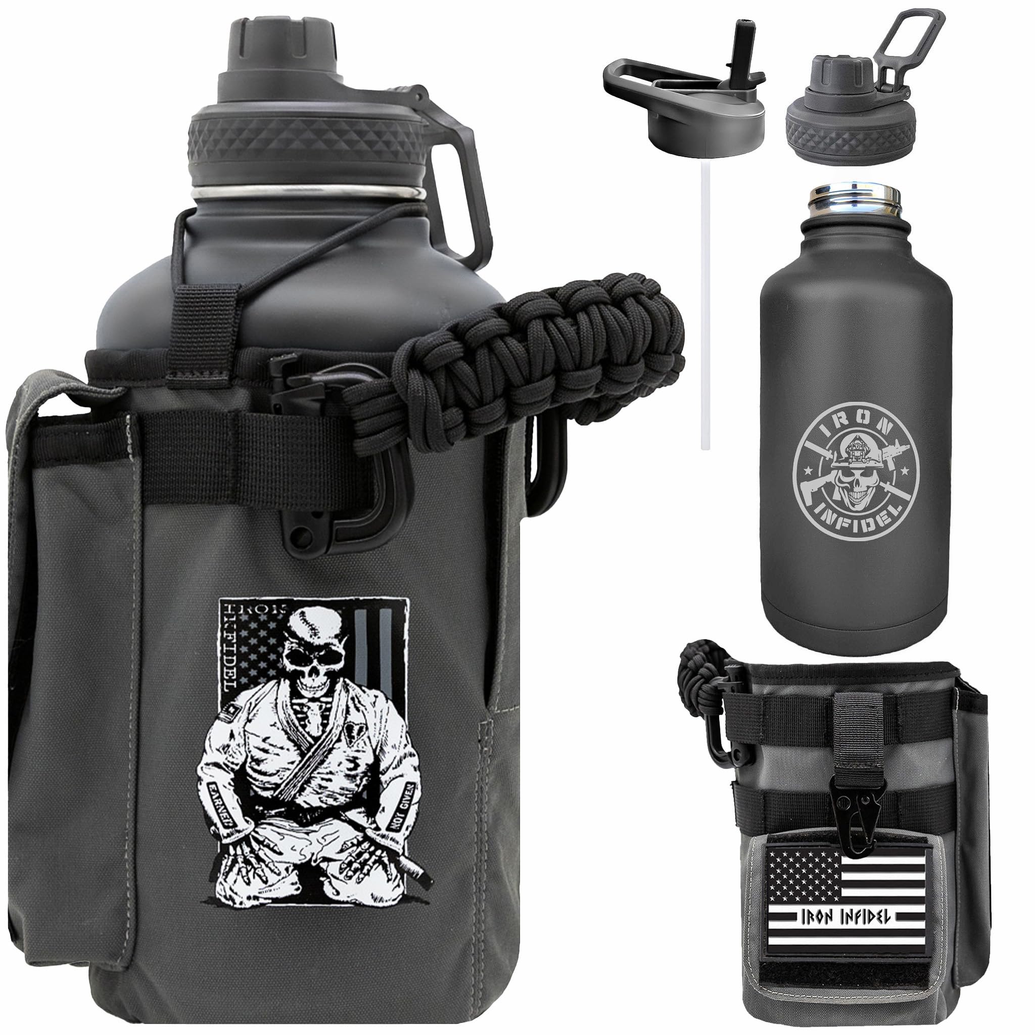 Iron Infidel Battle Bottle - Half Gallon Insulated Water Bottle with Paracord Handle, Large 64 oz Stainless Steel Water Jug with Rugged, Removable Sleeve for Keys, Wallet & Phone (Brown Recluse 2L)