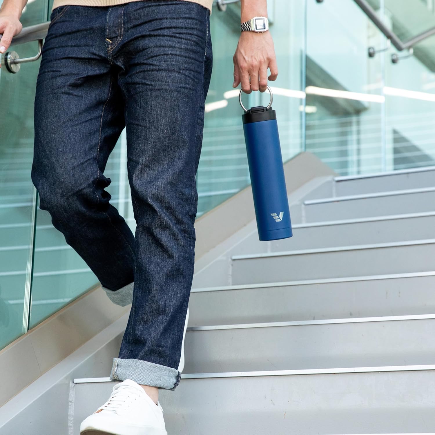 Super Maxi Stainless Steel Water Bottle 36oz - Double wall vacuum insulated | Integrated carry handle | leak proof flip top lid | Lightweight & stylish - Blue