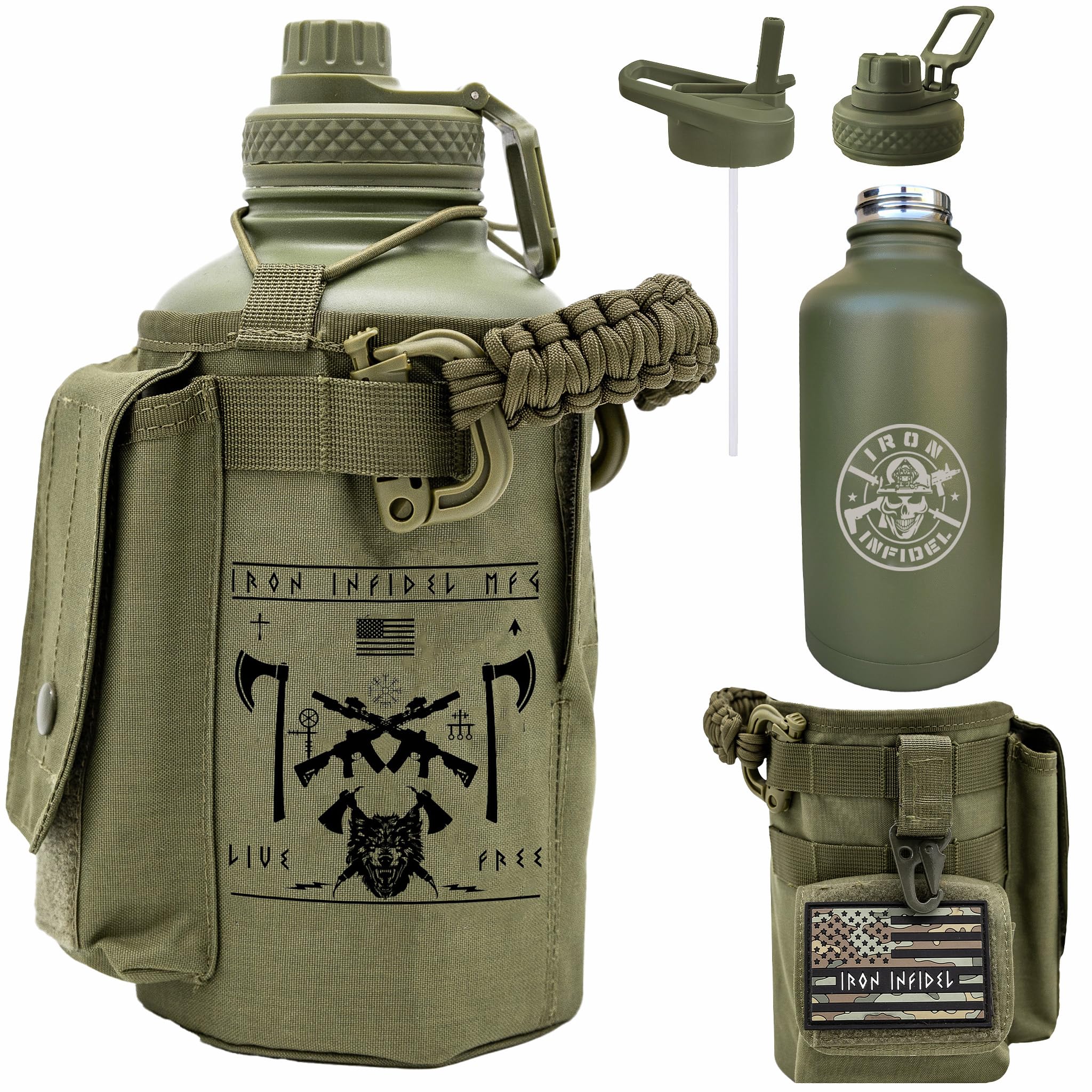 Iron Infidel Battle Bottle - Half Gallon Insulated Water Bottle with Paracord Handle, Large 64 oz Stainless Steel Water Jug with Rugged, Removable Sleeve for Keys, Wallet & Phone (Brown Recluse 2L)
