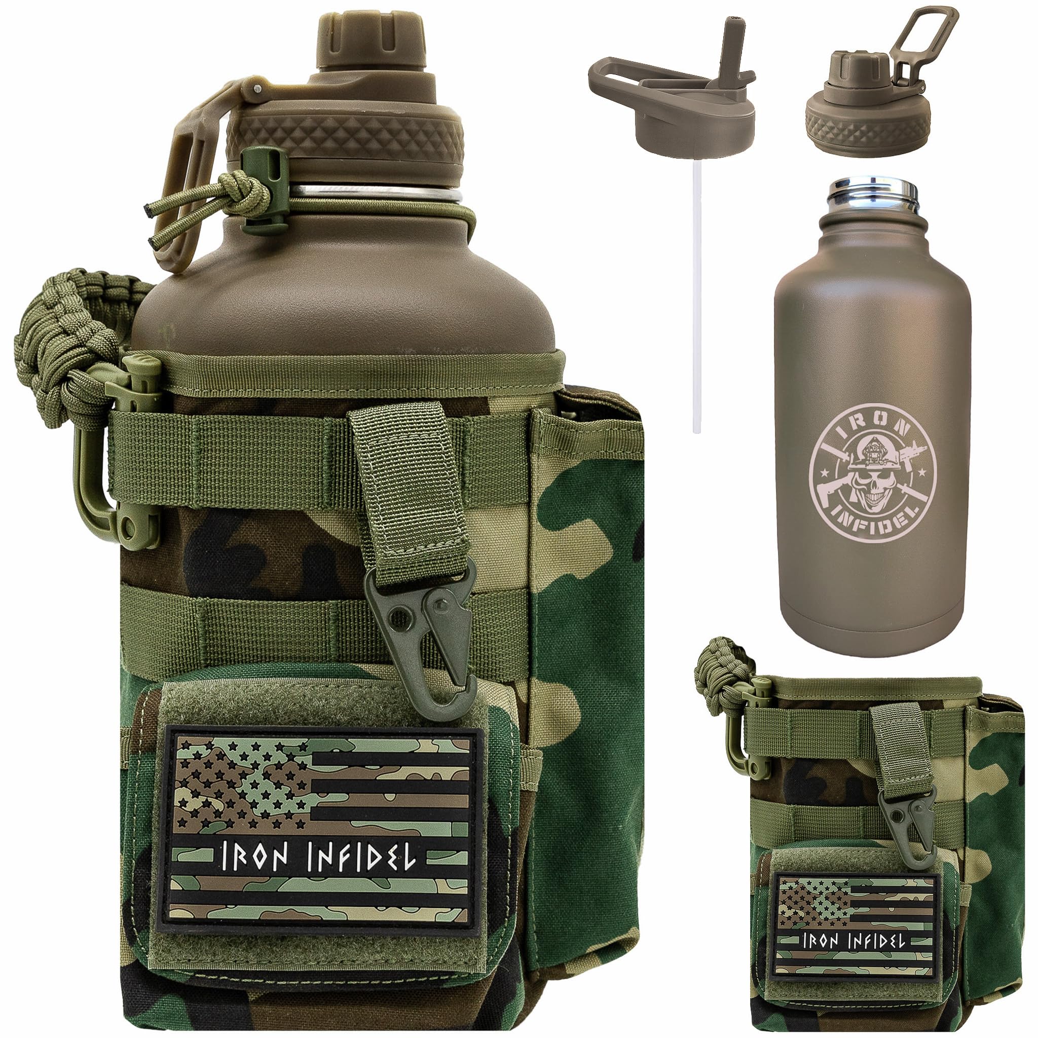 Iron Infidel Battle Bottle - Half Gallon Insulated Water Bottle with Paracord Handle, Large 64 oz Stainless Steel Water Jug with Rugged, Removable Sleeve for Keys, Wallet & Phone (Brown Recluse 2L)