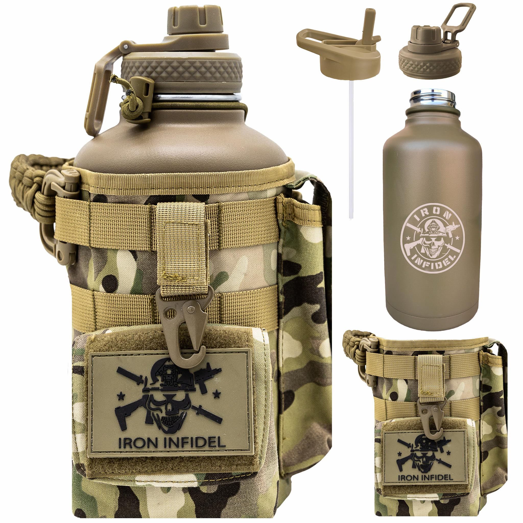 Iron Infidel Battle Bottle - Half Gallon Insulated Water Bottle with Paracord Handle, Large 64 oz Stainless Steel Water Jug with Rugged, Removable Sleeve for Keys, Wallet & Phone (Brown Recluse 2L)