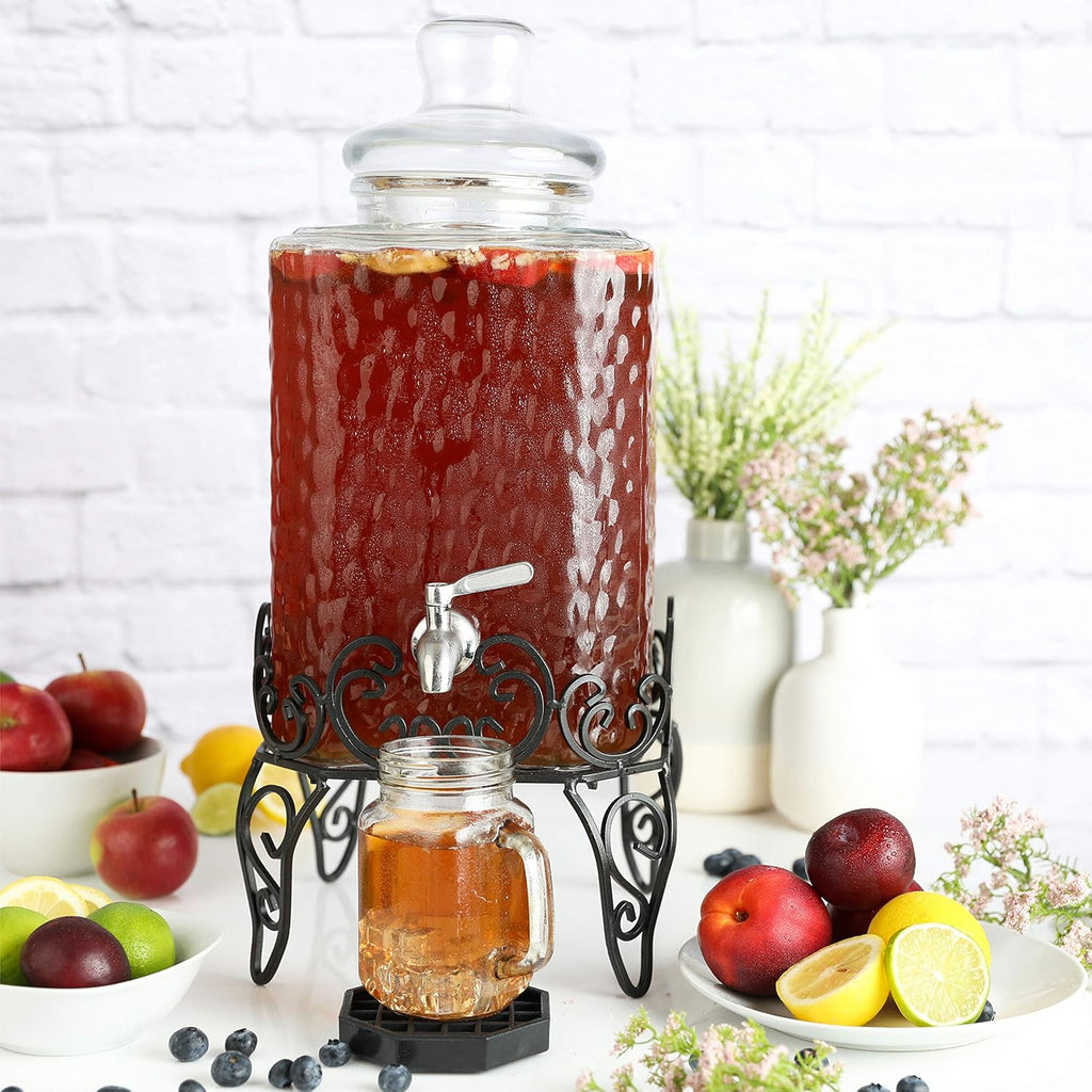 2.5 Gallon Glass Beverage Dispenser with Stand & Stainless Steel Spigot – Large Mason Jar Drink Dispenser for Sun Tea, Kombucha, Iced Tea, Lemonade, Sangria & Cold Drinks